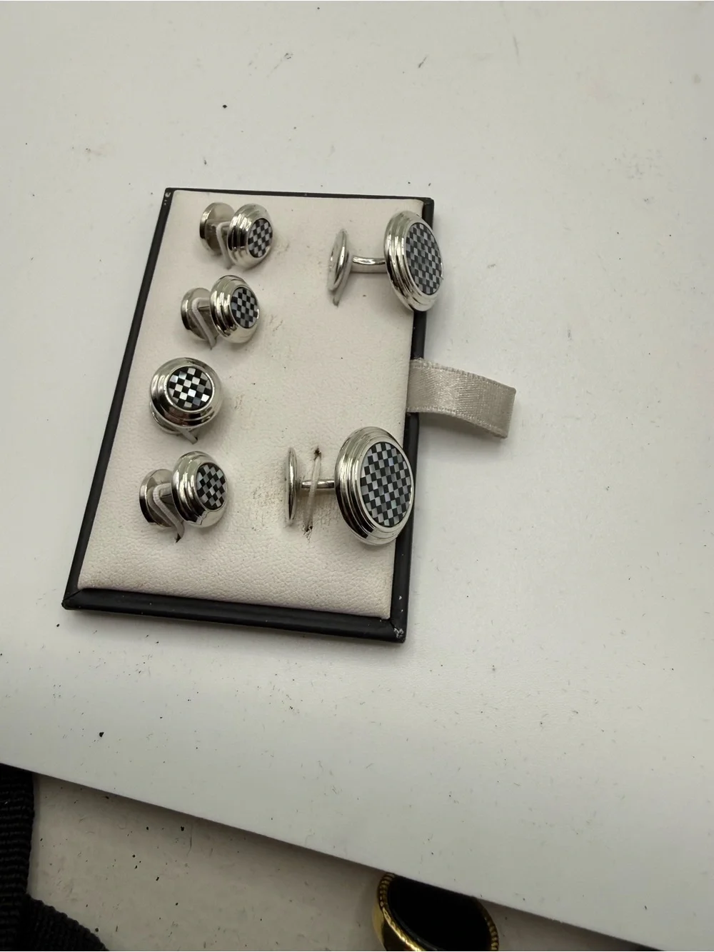 Mens 925 Sterling Silver Black Checkered Cufflink and Stud Set- David Donahue
